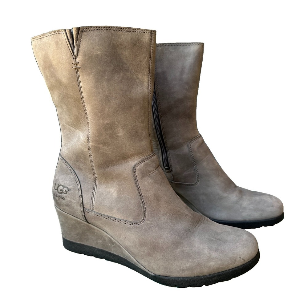 UGG Joely Wedge Boot 1012528 Women's Size 8.5 US Gray Leather Waterproof Zip